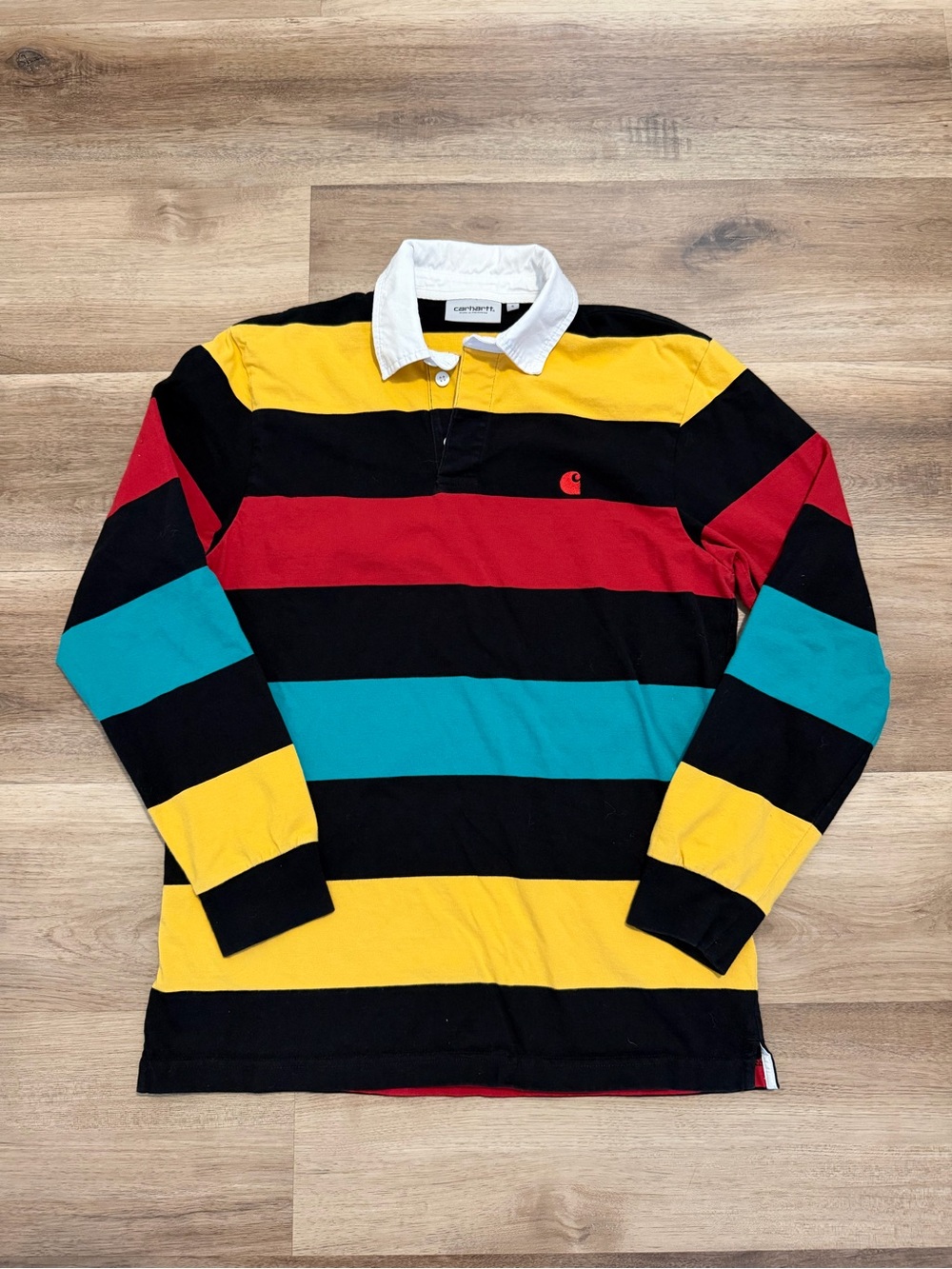 Carhartt WIP Striped Henwick Rugby Shirt Men’s Size S Black Yellow Red Teal